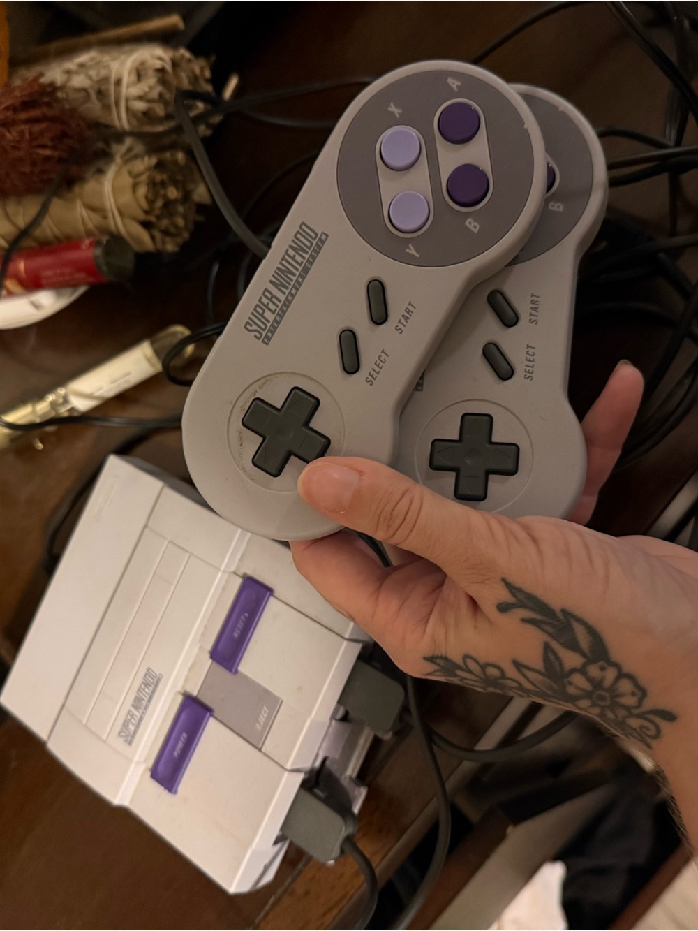 Nintendo Super NES Two-Controller Set in Grey with Purple Buttons
